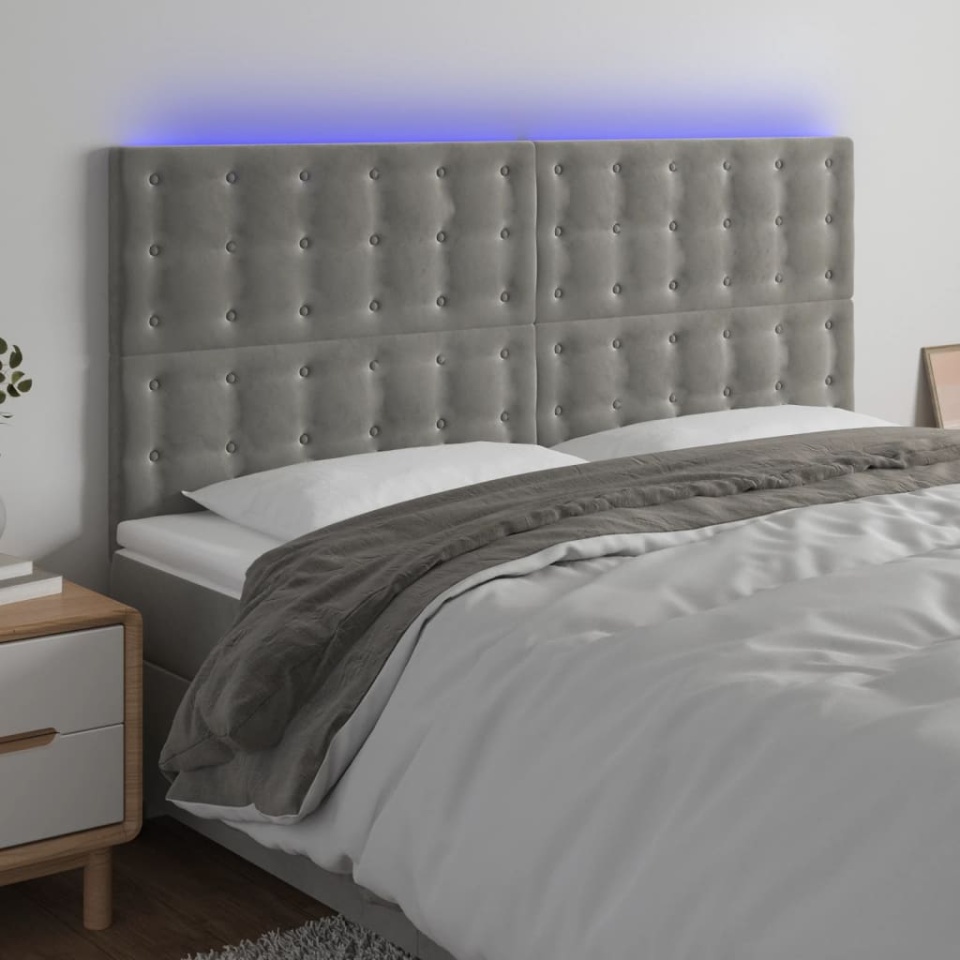 Tăblie de pat cu LED, gri deschis, 200x5x118/128 cm, catifea