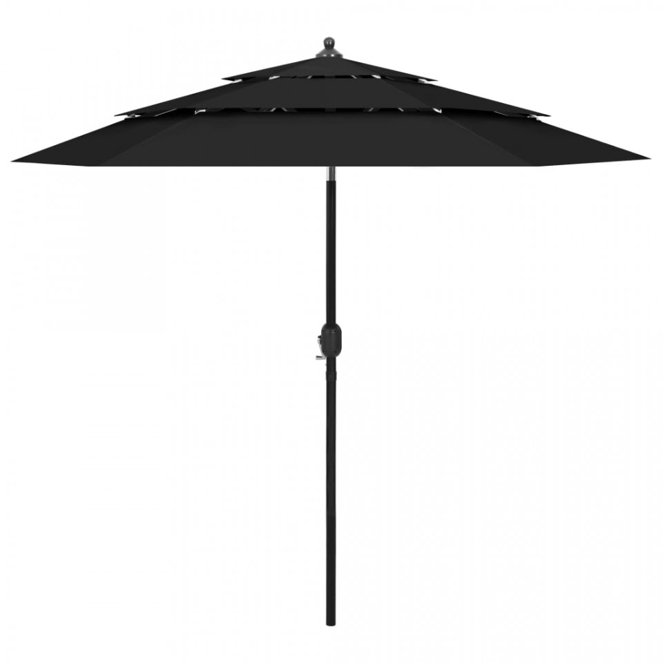 Umbrelă de soare 3 niveluri, stâlp de aluminiu, negru, 2,5 m