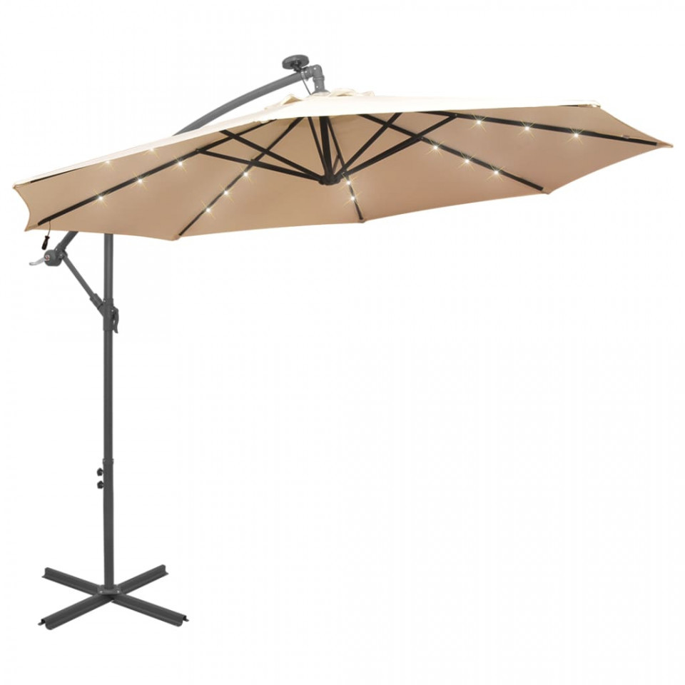 Umbrela soare suspendata, iluminare LED, stalp metalic 300 cm
