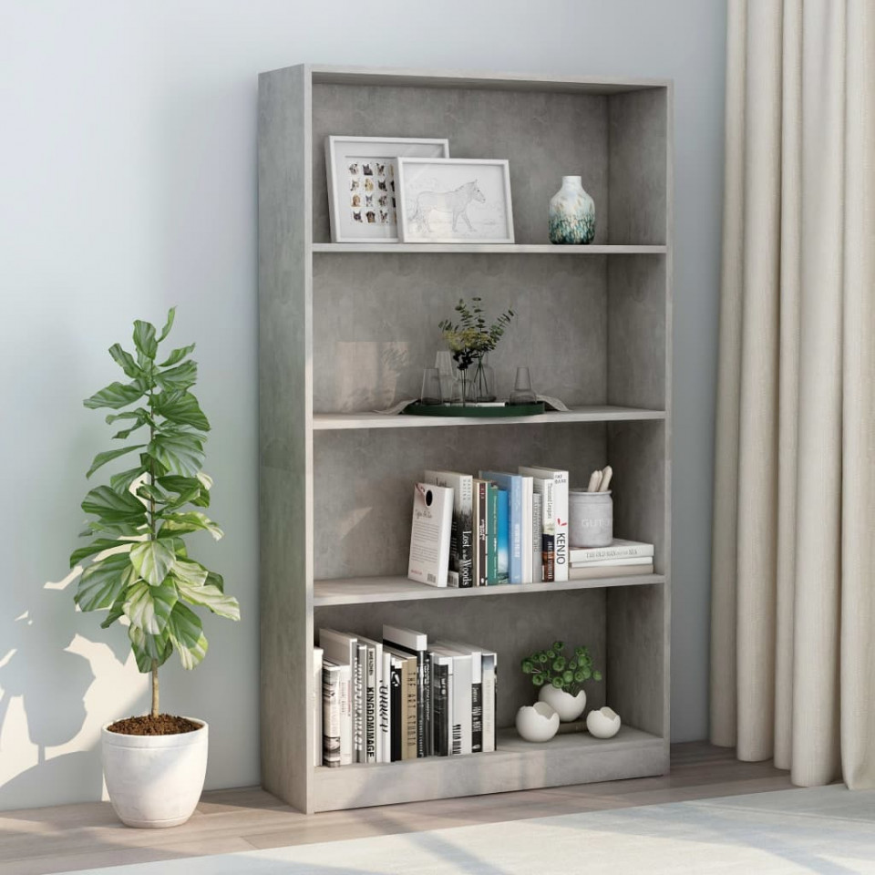 Bibliotecă cu 4 rafturi, gri beton, 80x24x142 cm, pal