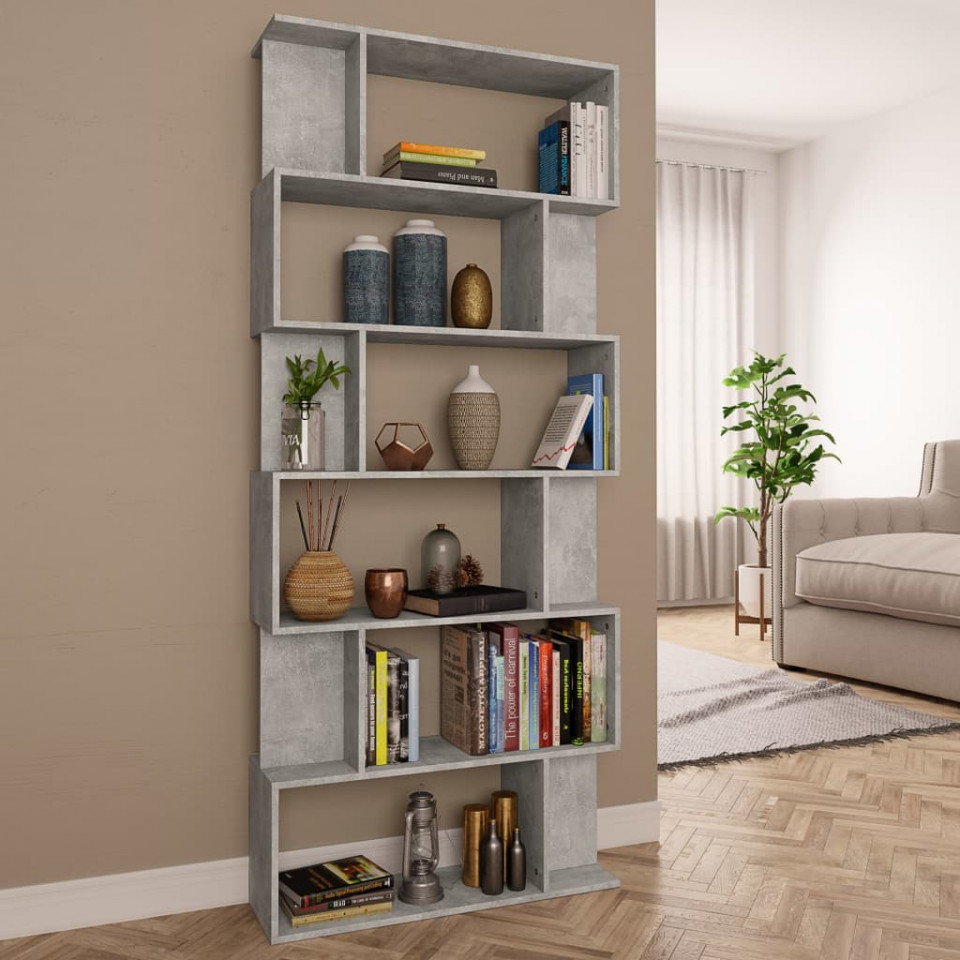 Bibliotecă/separator cameră, gri beton, 80 x 24 x 192 cm, pal