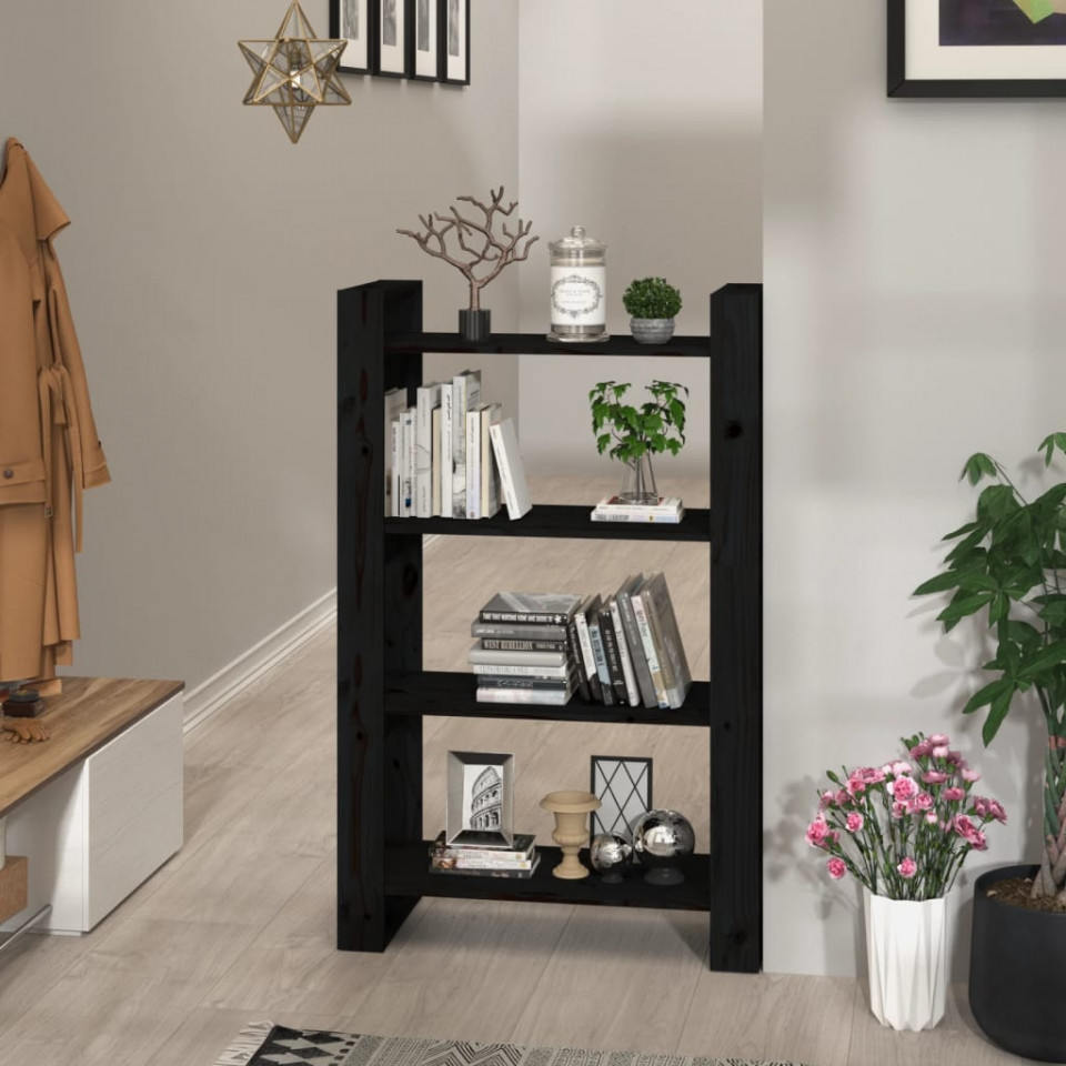 Bibliotecă/separator cameră negru 80x35x125 cm lemn masiv pin