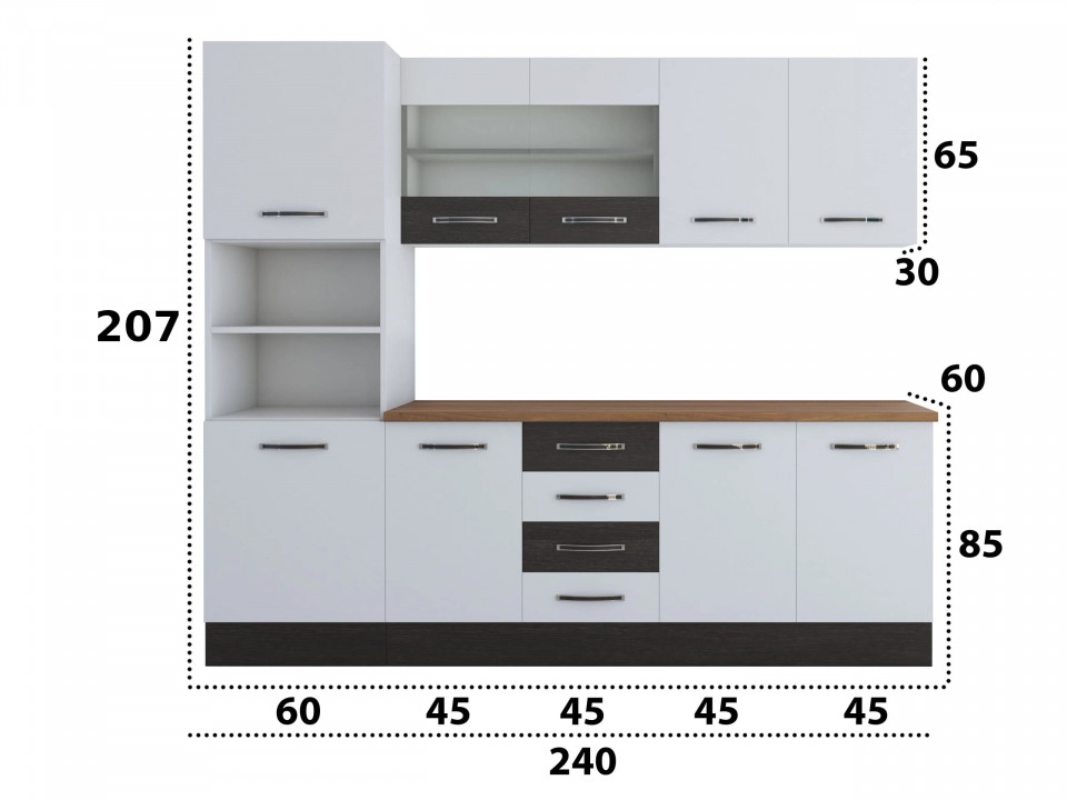 Bucatarie Alfa 240, Soldat, Cu vitrina, Alb/Wenge, Blat termic nuc