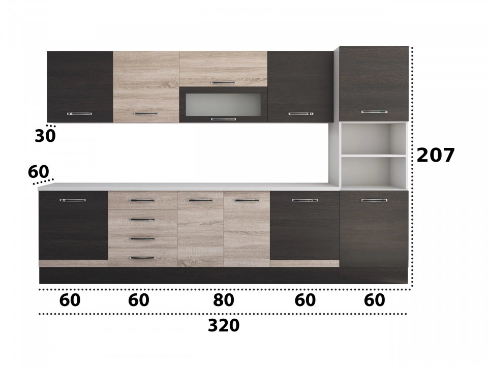 Bucatarie Alfa 320, sonoma/wenge, blat termic alb, corp pentru cuptor incorporabil