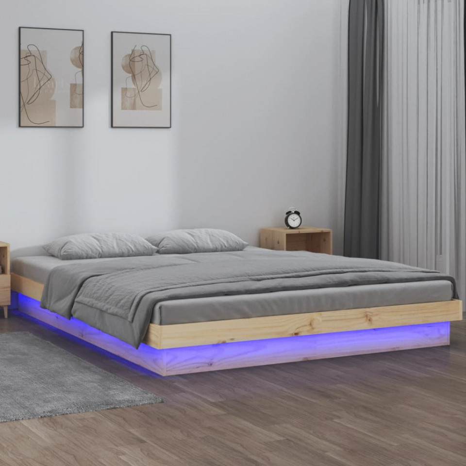 Cadru de pat cu LED, 150x200 cm, lemn masiv, King Size 5FT