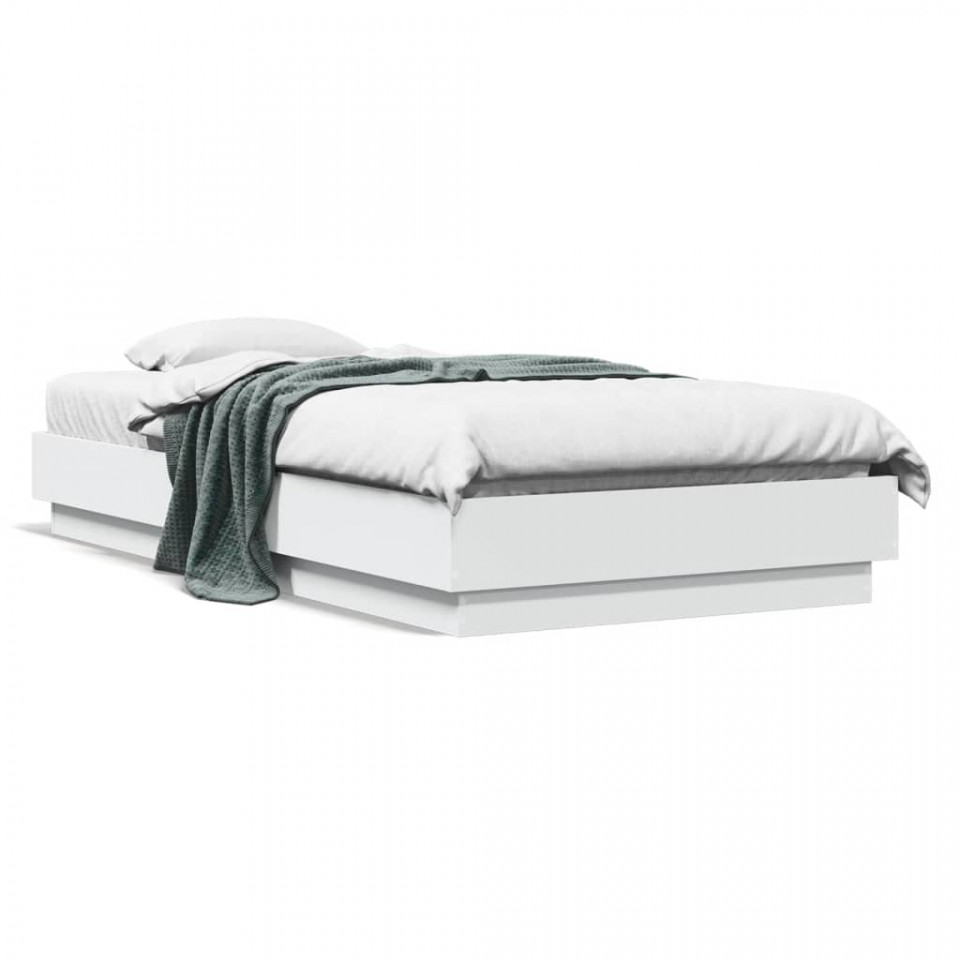 Cadru de pat cu lumini LED, alb, 90x190 cm