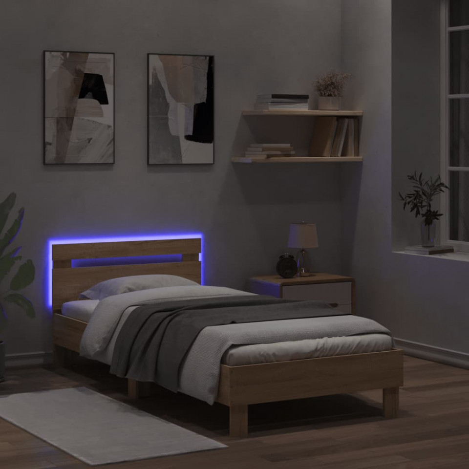 Cadru de pat cu tăblie și LED, stejar sonoma, 100x200 cm