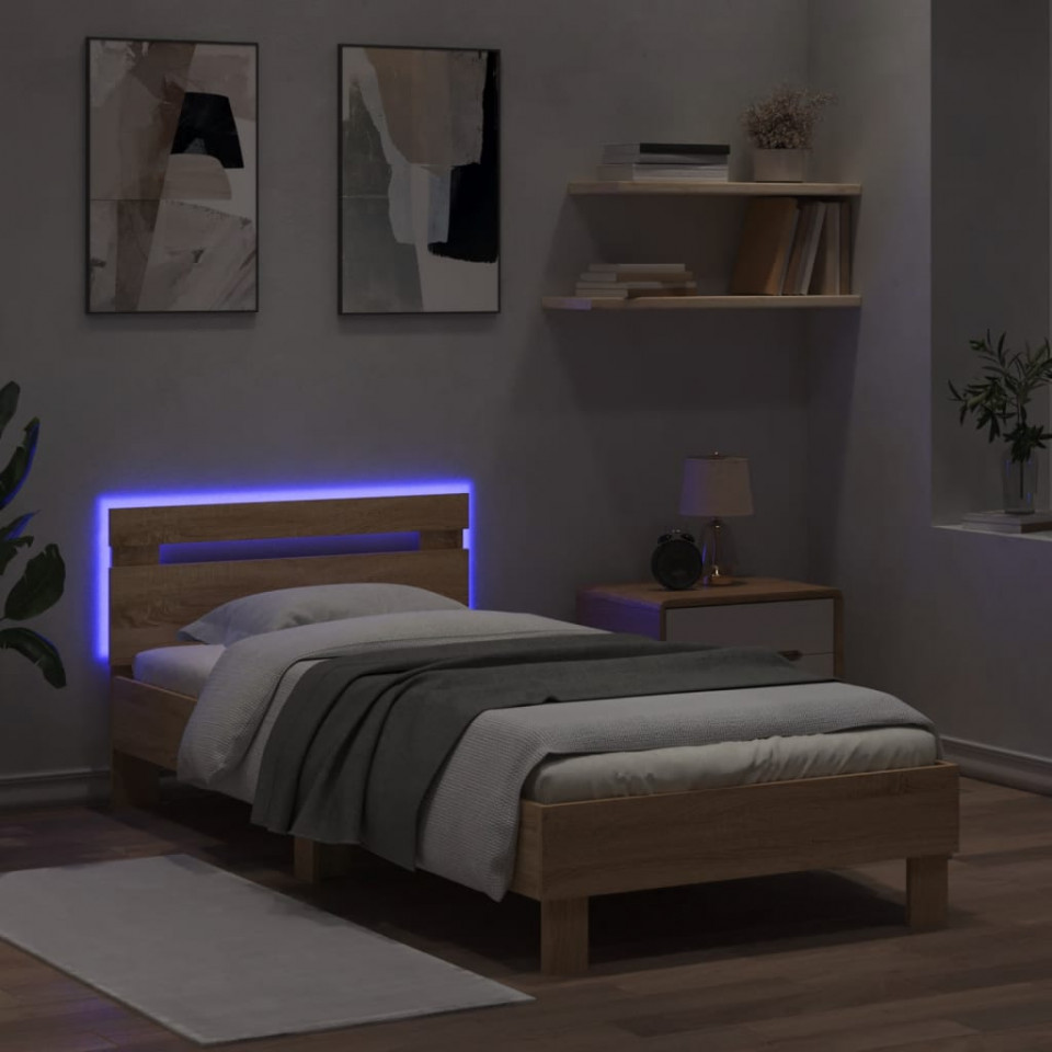 Cadru de pat cu tăblie și lumini LED, stejar sonoma, 75x190 cm