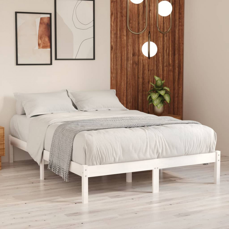 Cadru de pat king size, alb, 150x200 cm, lemn masiv
