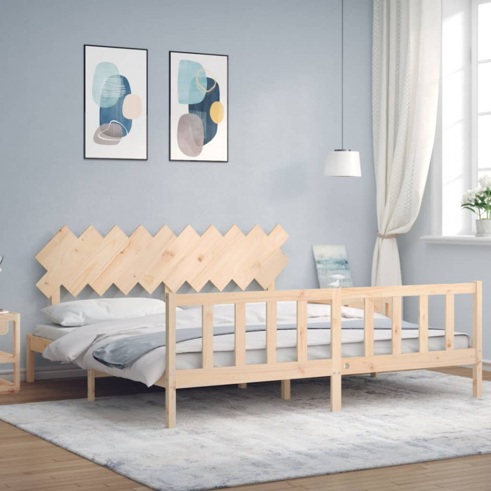 Cadru pat cu tăblie 200x200 cm, lemn masiv de pin