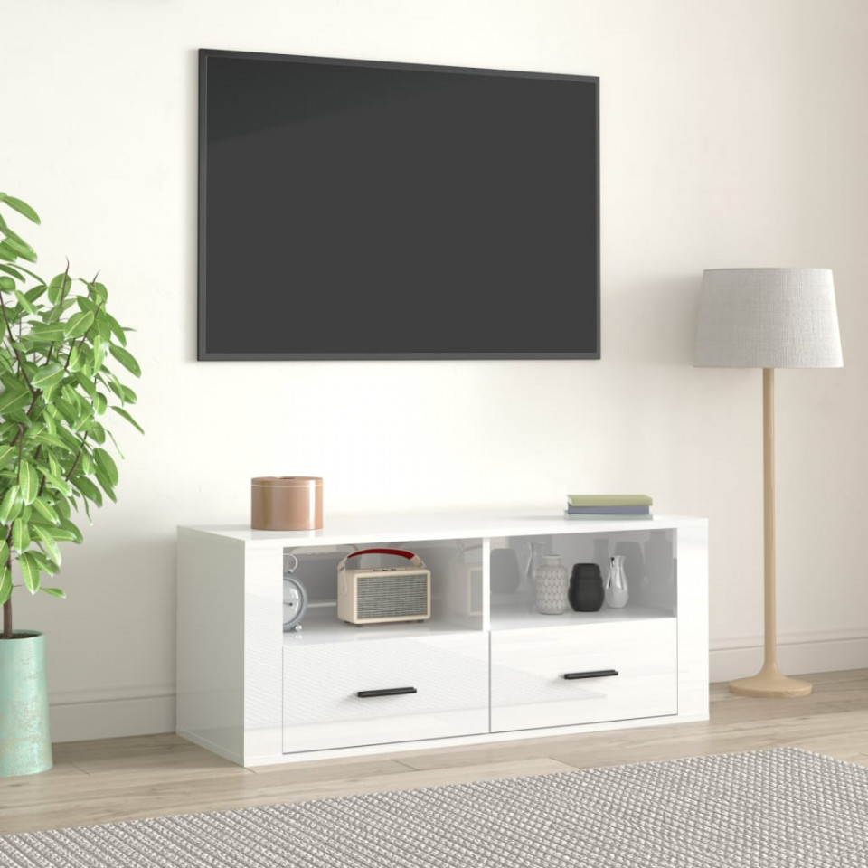 Poza Comoda TV, alb extralucios, 100x35x40 cm, lemn prelucrat