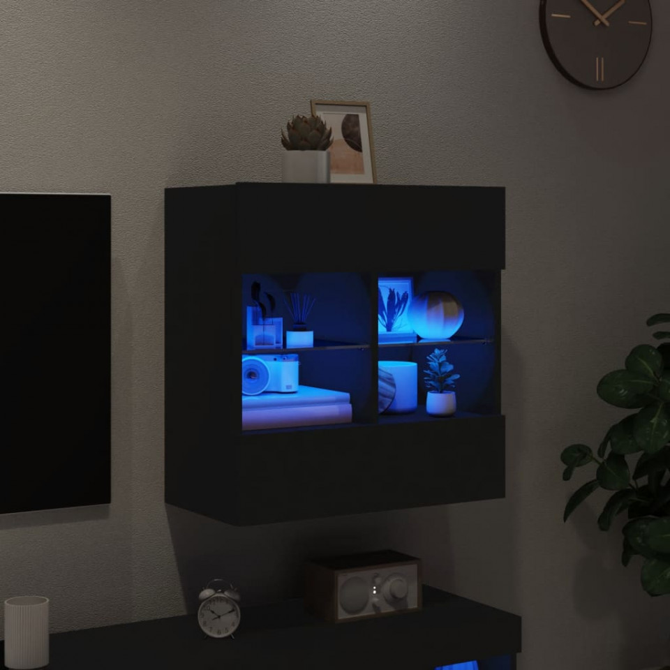 Comodă TV de perete cu lumini LED, negru, 58,5x30x60,5 cm