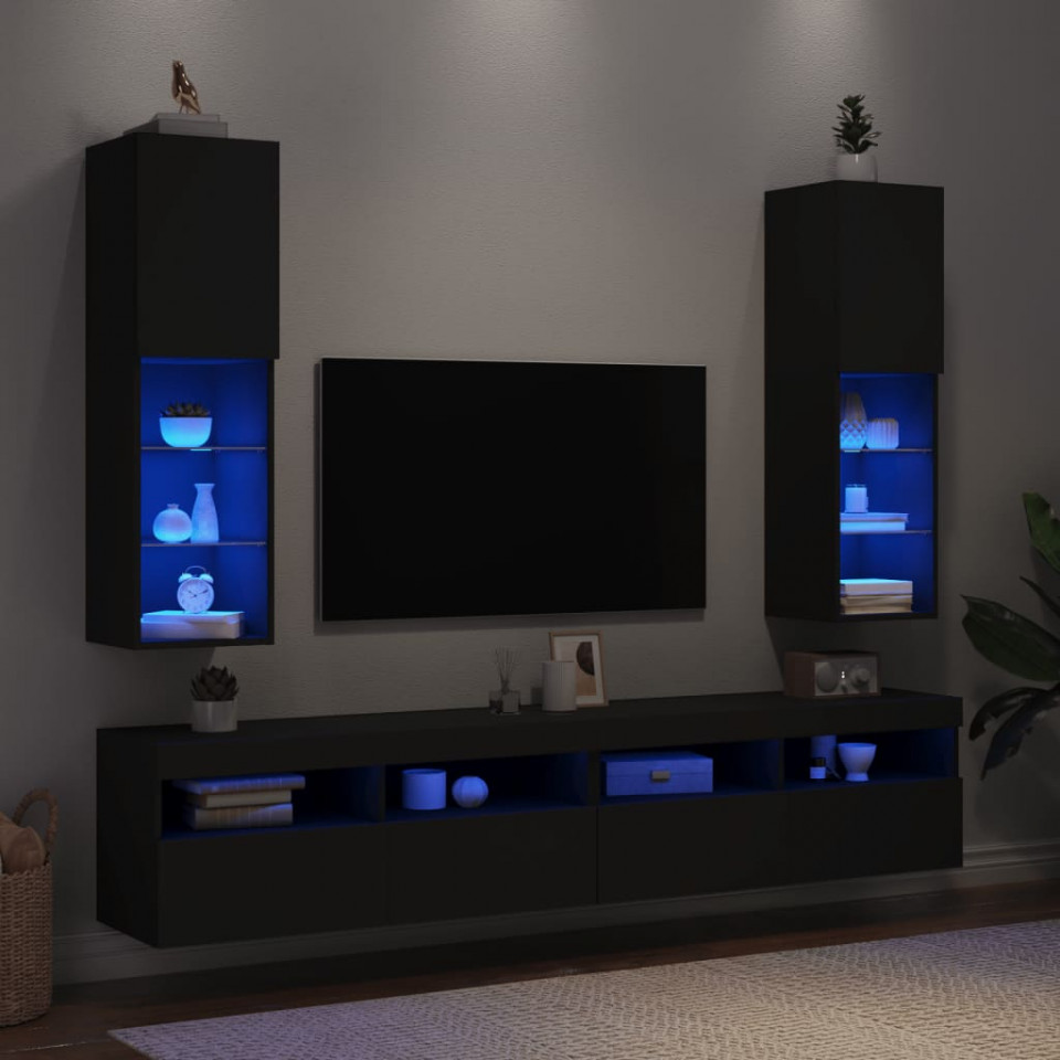 Comode TV cu lumini LED, 2 buc., negru, 30,5x30x102 cm