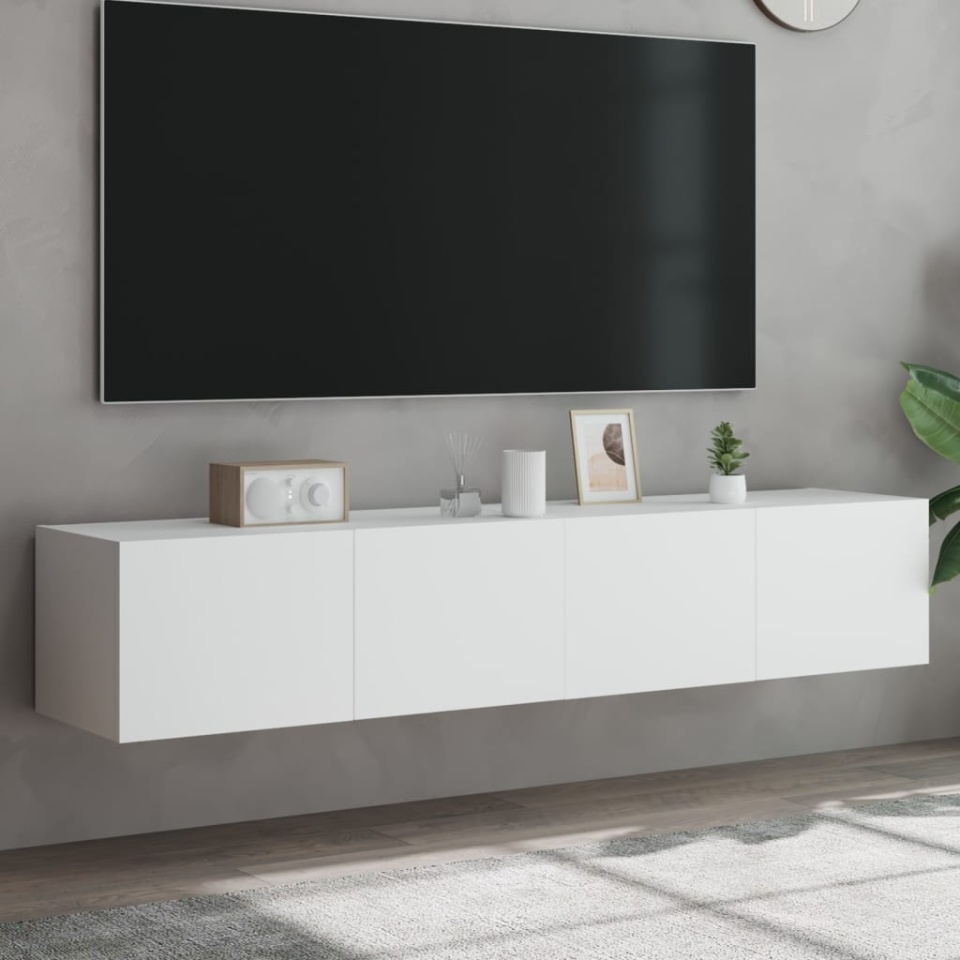 Comode TV de perete cu lumini LED, 2 buc., alb, 80x35x31 cm
