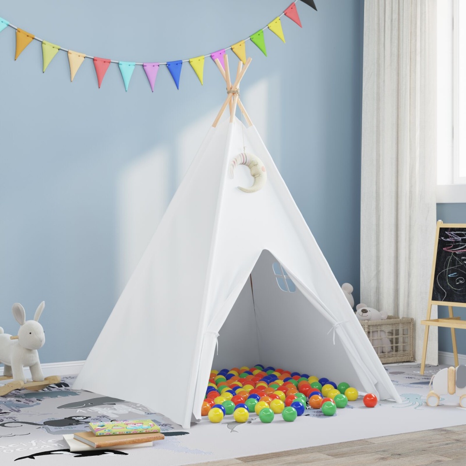 Cort Teepee pentru Copii cu Geantă Peach & Bile de Joacă Alb