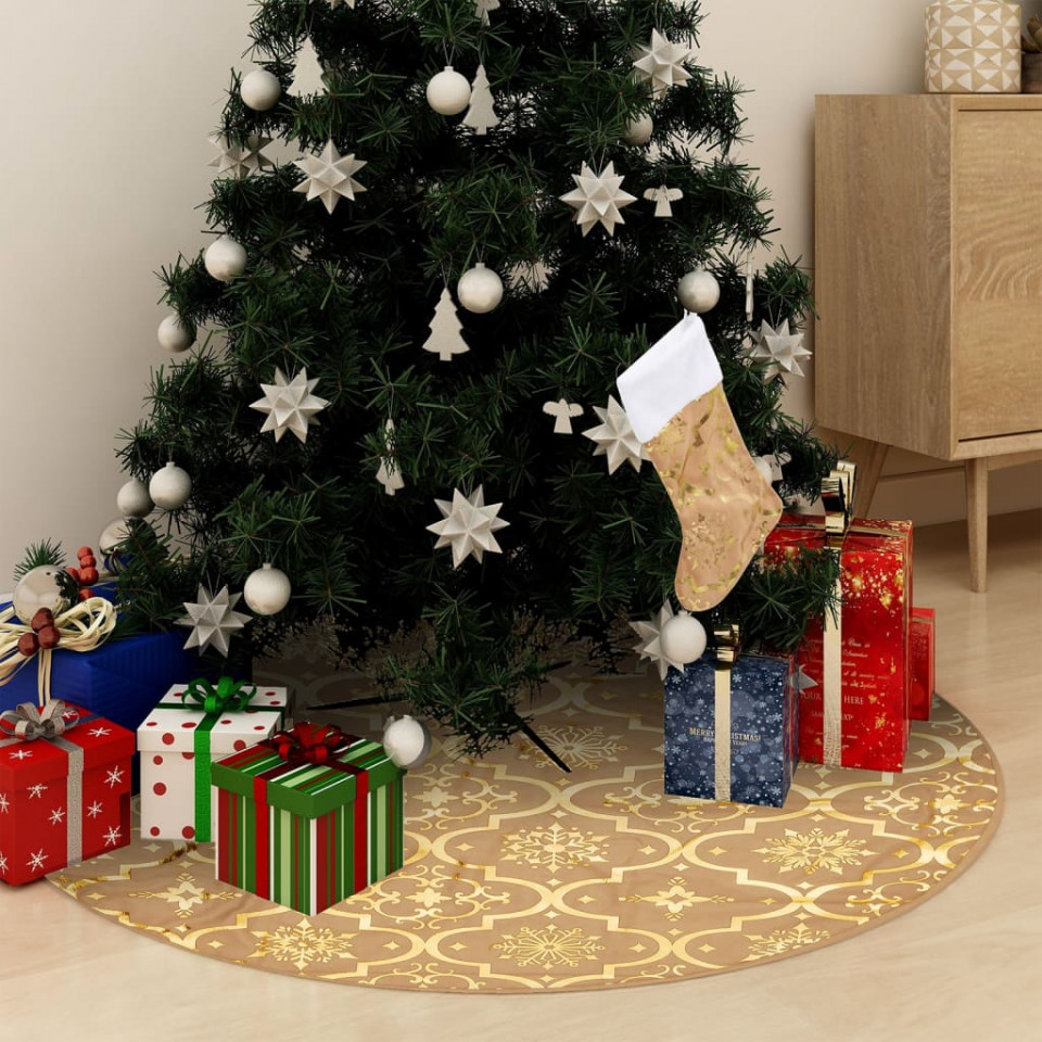 Covor fustă de brad Crăciun cu șosetă, galben, 122 cm, țesătură 122 imagine noua