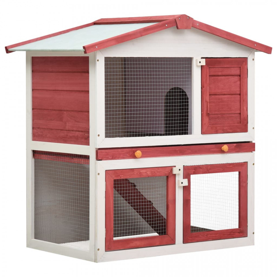 Cușcă de iepuri pentru exterior, 3 uși, roșu, lemn Casa Practica