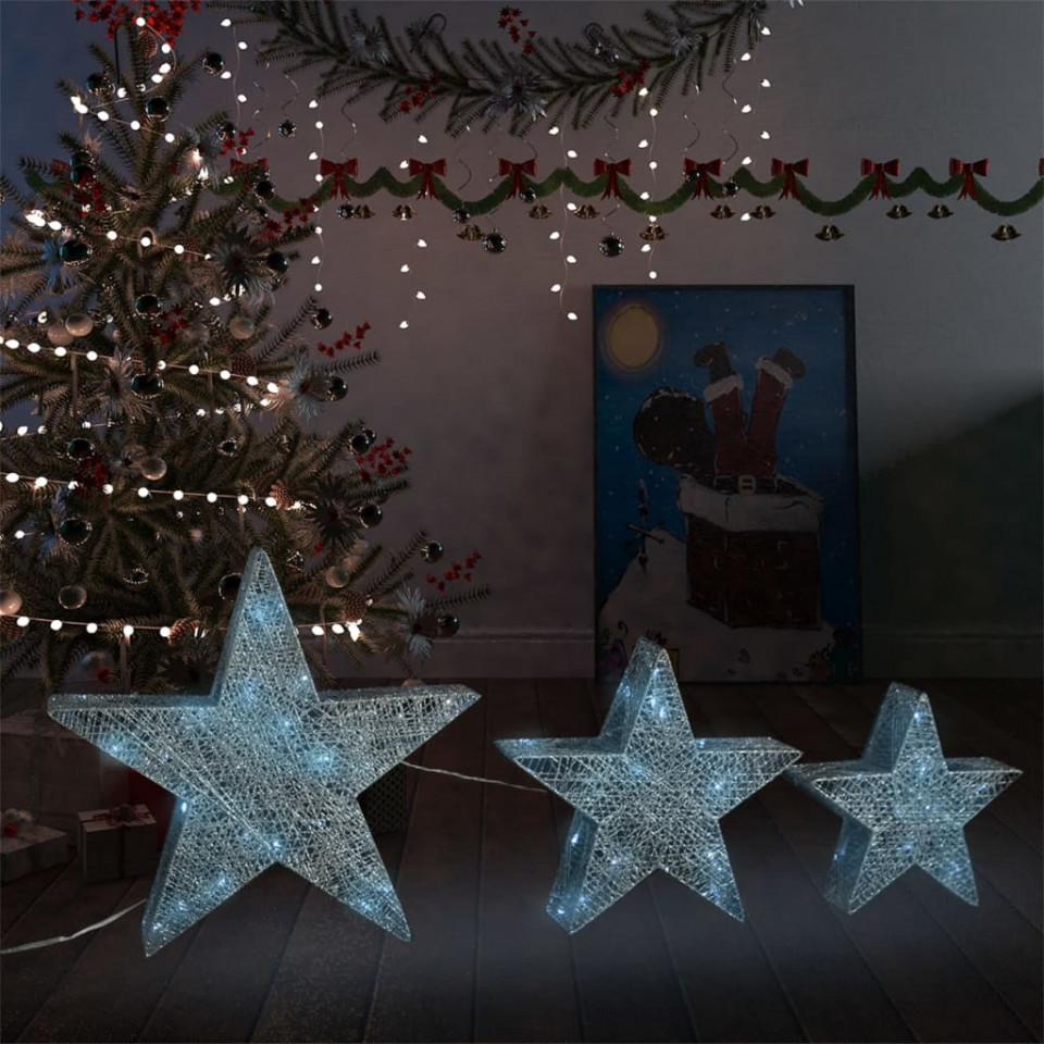 Decor Crăciun stele 3 buc. plasă argintie LED exterior/interior argintie