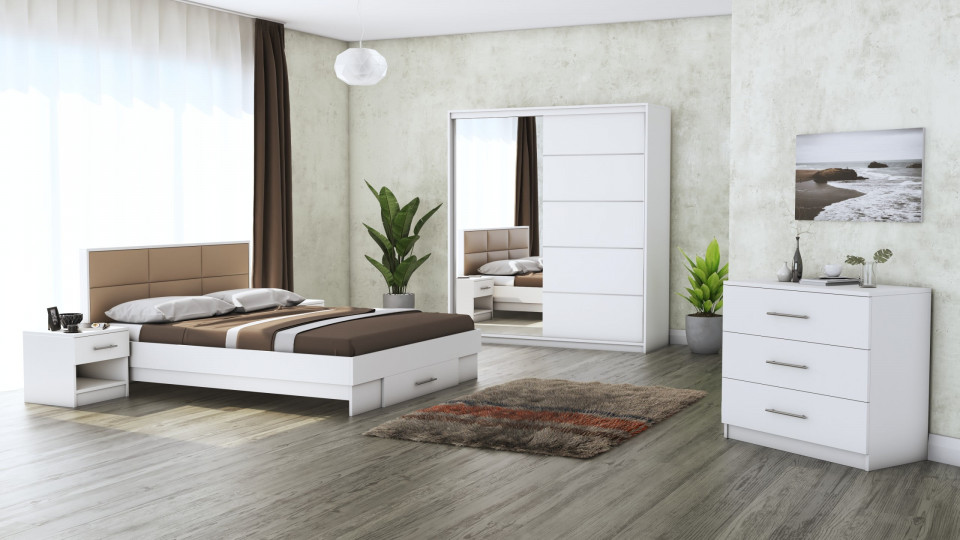 Dormitor Solano, alb, dulap 183 cm, pat cu tablie tapitata camel 160x200 cm, 2 noptiere, comoda