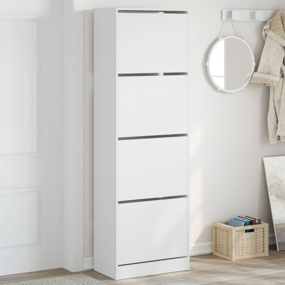 Dulap de pantofi cu 4 sertare rabatabile, alb, 60x34x187,5 cm