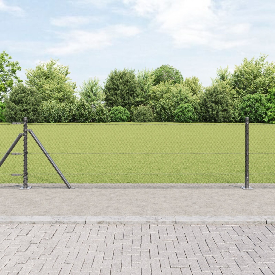 Gard Hexagonal Gri 0.6x25 m Oțel, Stâlpi de Gard cu Plăci de Bază 13 buc Ø32mm 70cm Oțel Galvanizat