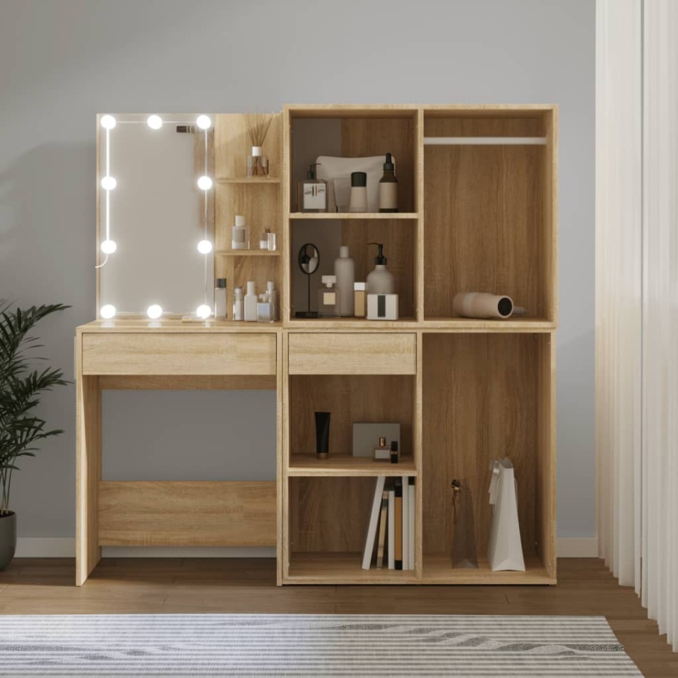 Masă toaletă cu LED/2 dulapuri, stejar sonoma, lemn prelucrat