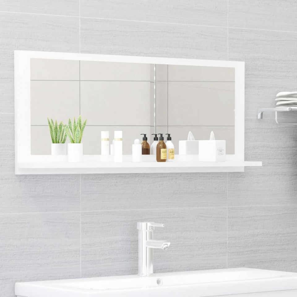 Oglinda de baie, alb extralucios, 90 x 10,5 x 37 cm, PAL