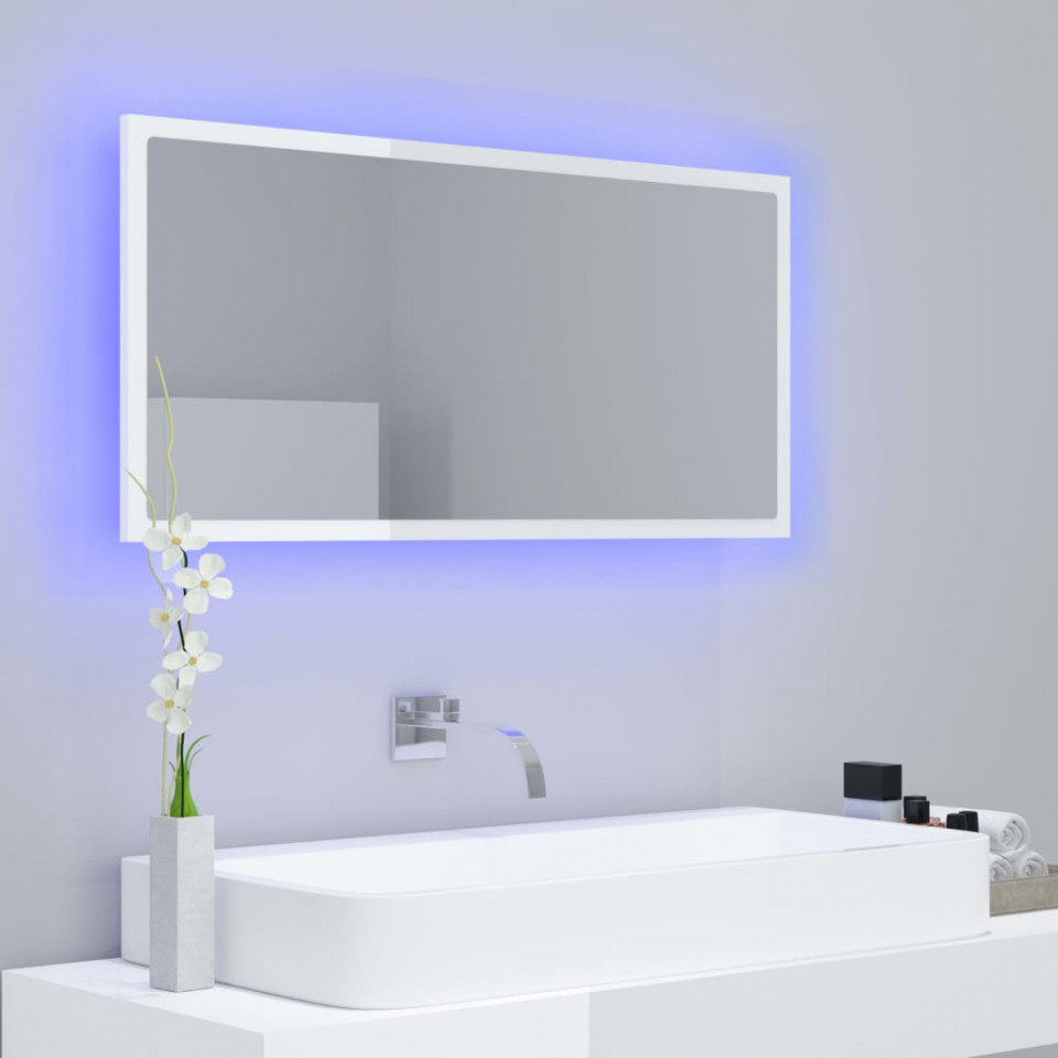 Oglindă de baie cu LED, alb extralucios, 90x8,5x37 cm, PAL