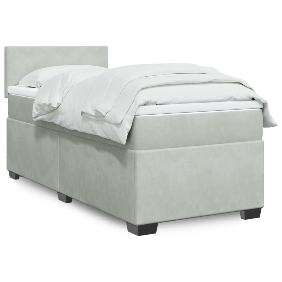 Pat box spring cu saltea, gri deschis, 90x200 cm, catifea
