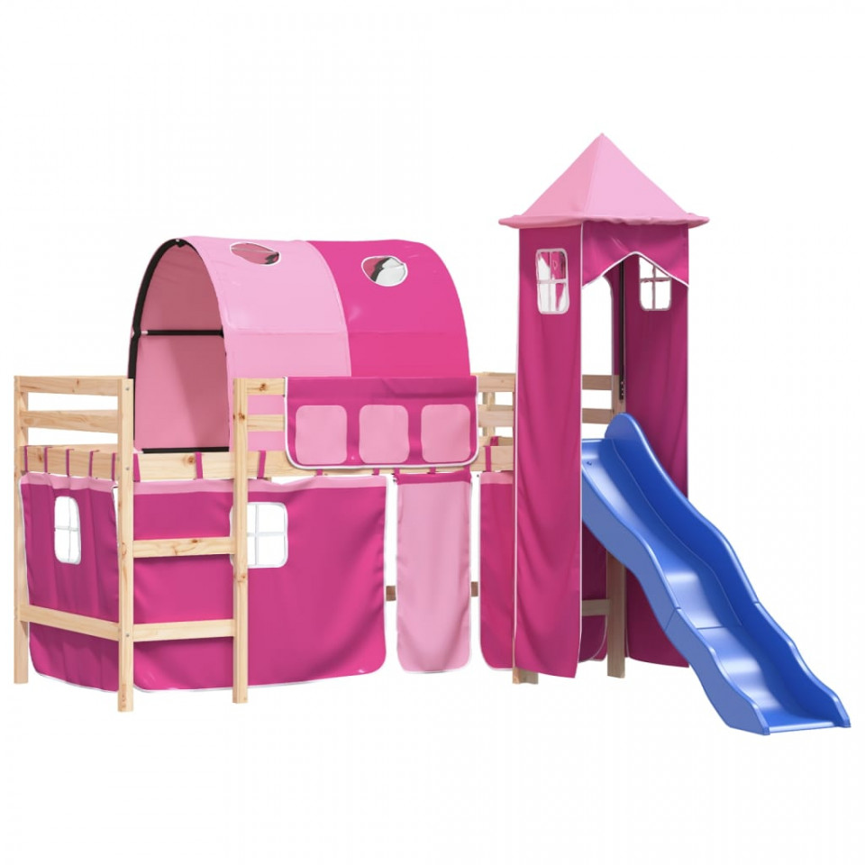 Pat etajat de copii cu turn, roz, 90x190 cm, lemn masiv pin