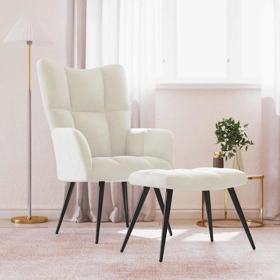 Scaun de relaxare cu taburet, alb crem, catifea