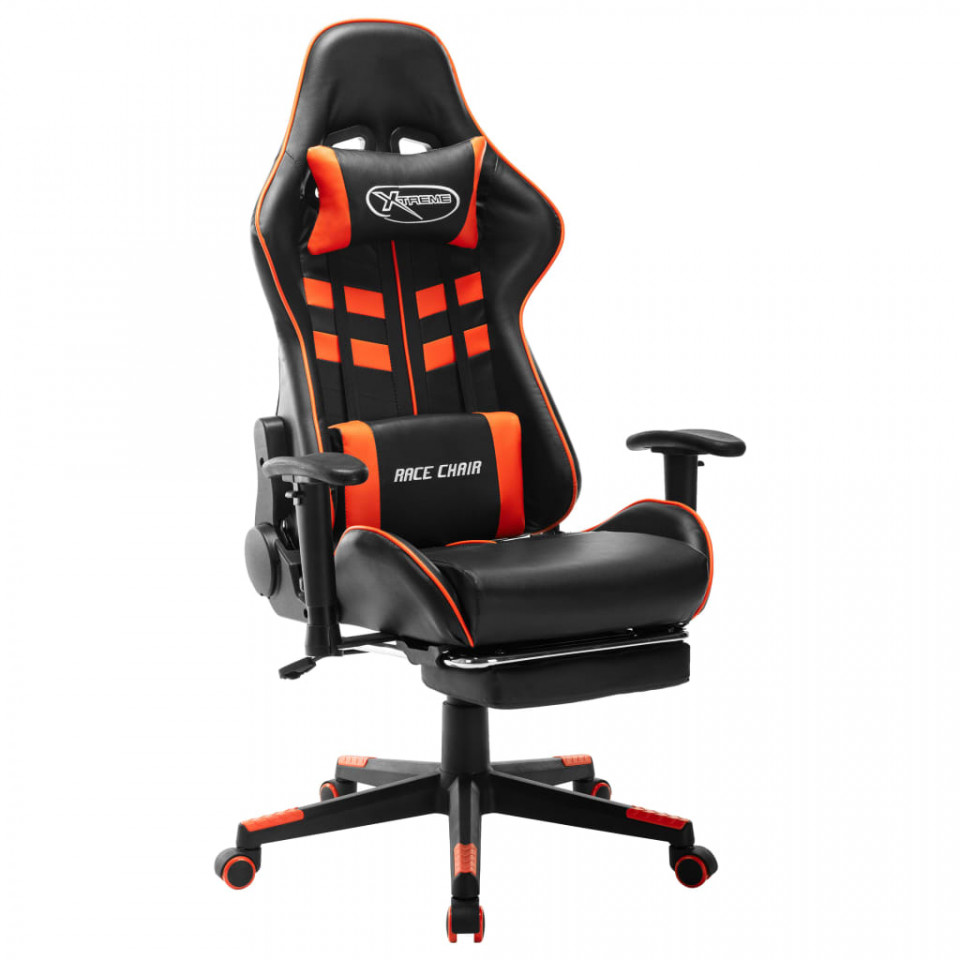 Scaun gaming cu suport picioare, negru/oranj, piele ecologică Casa Practica