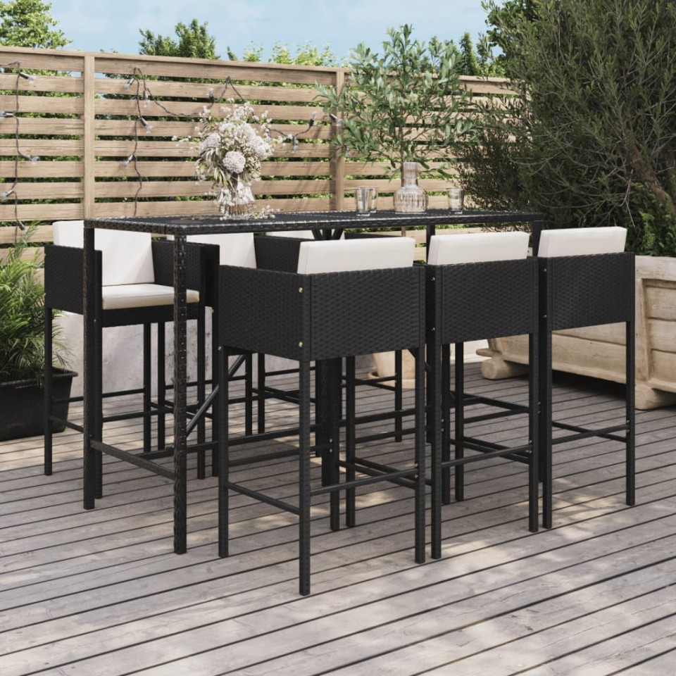 Set bar de grădină, 7 piese, cu perne, negru, poliratan