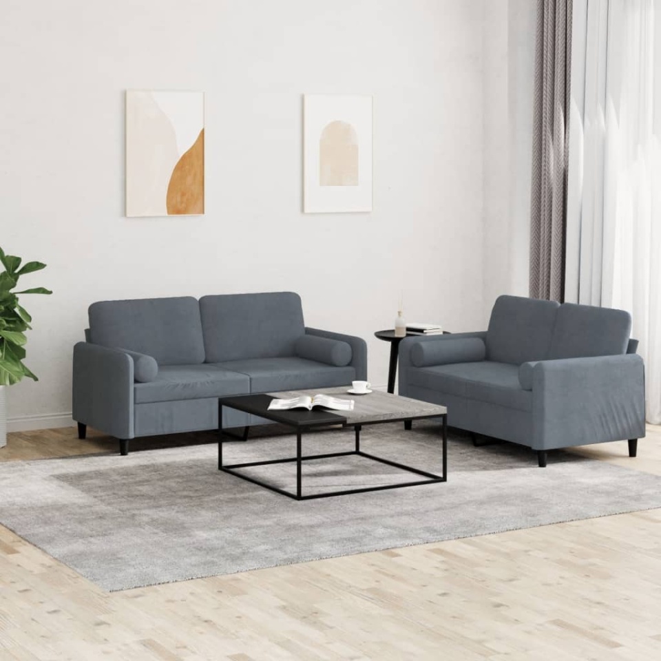Set canapea cu perne, 2 piese, gri închis, catifea