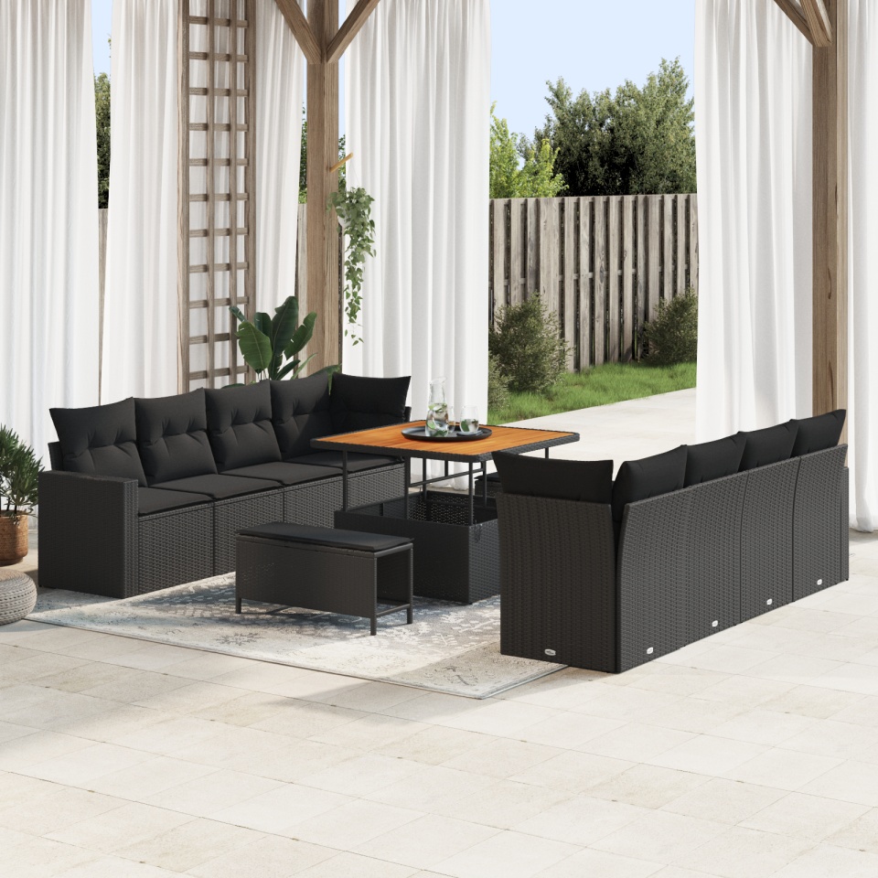 Set de 11 Piese pentru Grădină cu Perne Negru Rattan Poliesteric Acacia, Set de Masă și Canapea de Grădină cu Perne Negru Rattan Poliesteric Acacia