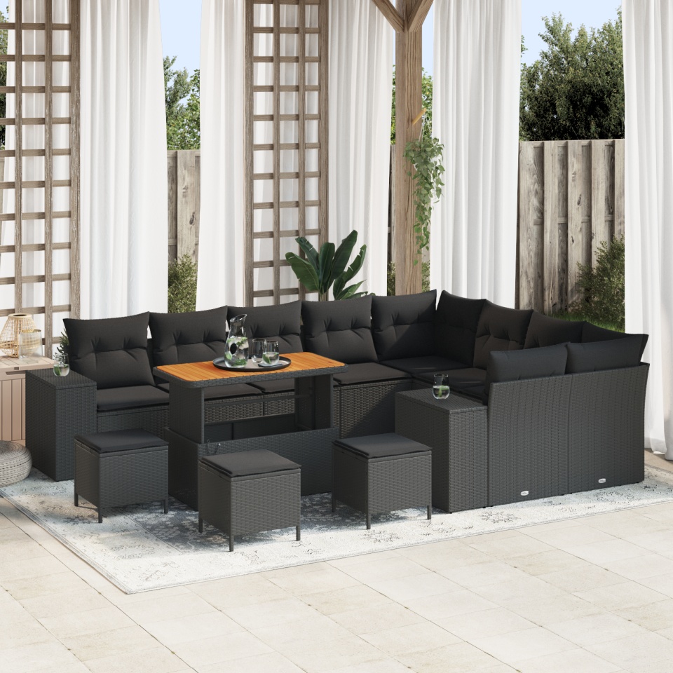 Set de Canapea Grădină de 13 Piese cu Perne Negru Poliratan Acacia, Set de Dining pentru Grădină de 4 Piese cu Perne Negru Poliratan Acacia