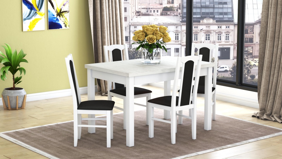 Set masa extensibila 120x150cm cu 4 scaune tapitate, mb-13 max5 si s-37 boss7 b22, alb, lemn masiv de fag, stofa