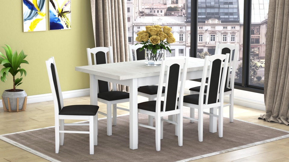Set masa extensibila 120x150cm cu 6 scaune tapitate, mb-13 max5 si s-37 boss7 b22, alb, lemn masiv de fag, stofa