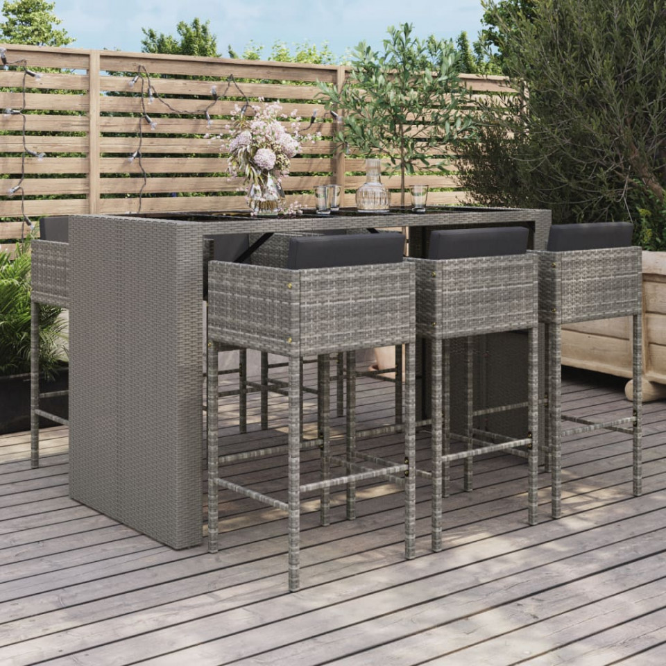 Set mobilier bar de grădină cu perne, 7 piese, gri, poliratan