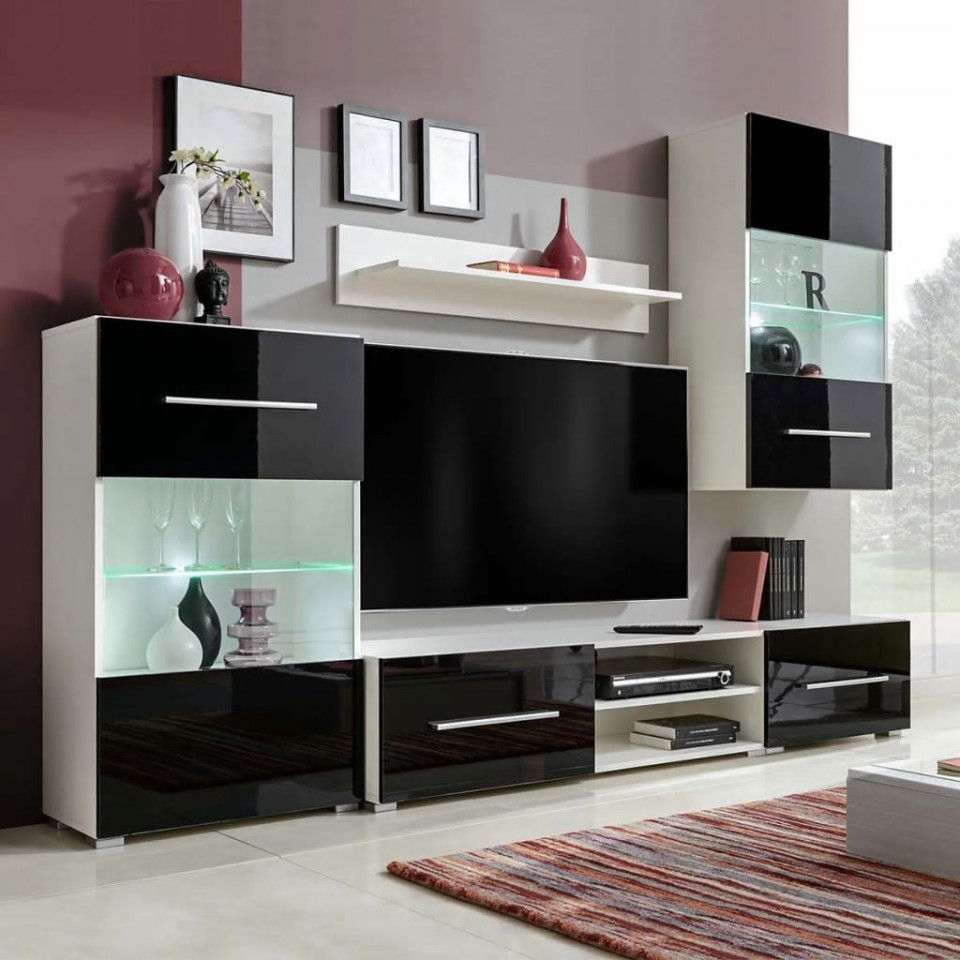 Poza Set mobilier comoda TV de perete, 5 piese, iluminare LED, negru