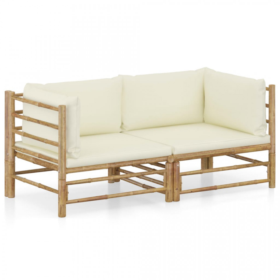 Poza Set mobilier de gradina, 2 piese, perne alb crem, bambus