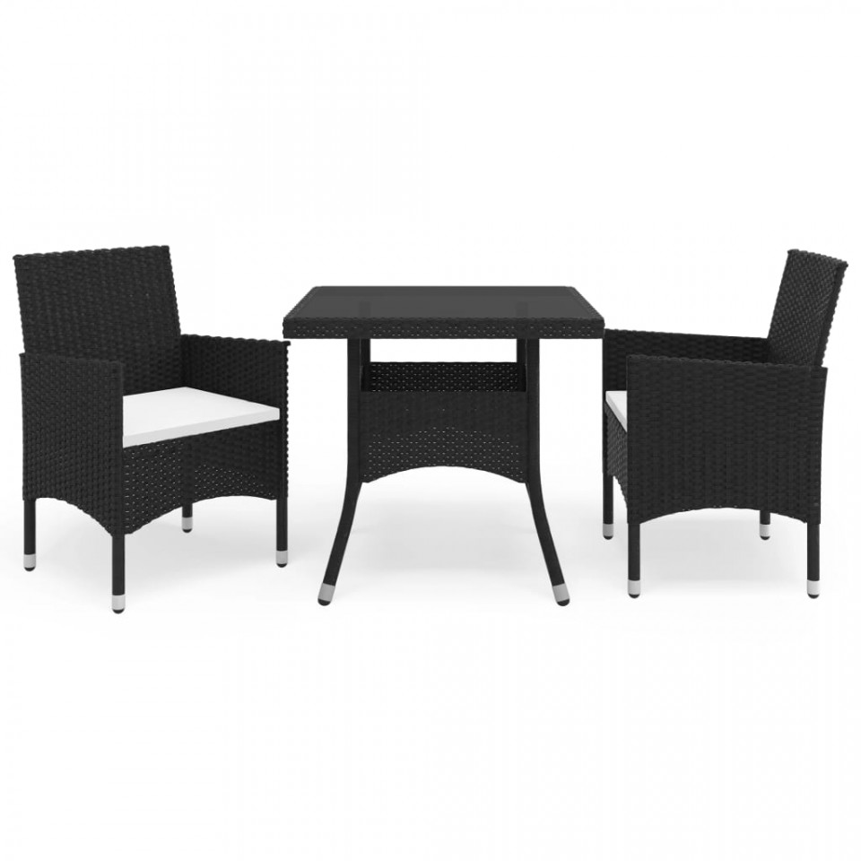 Set mobilier de grădină, 3 piese, negru, poliratan și sticlă