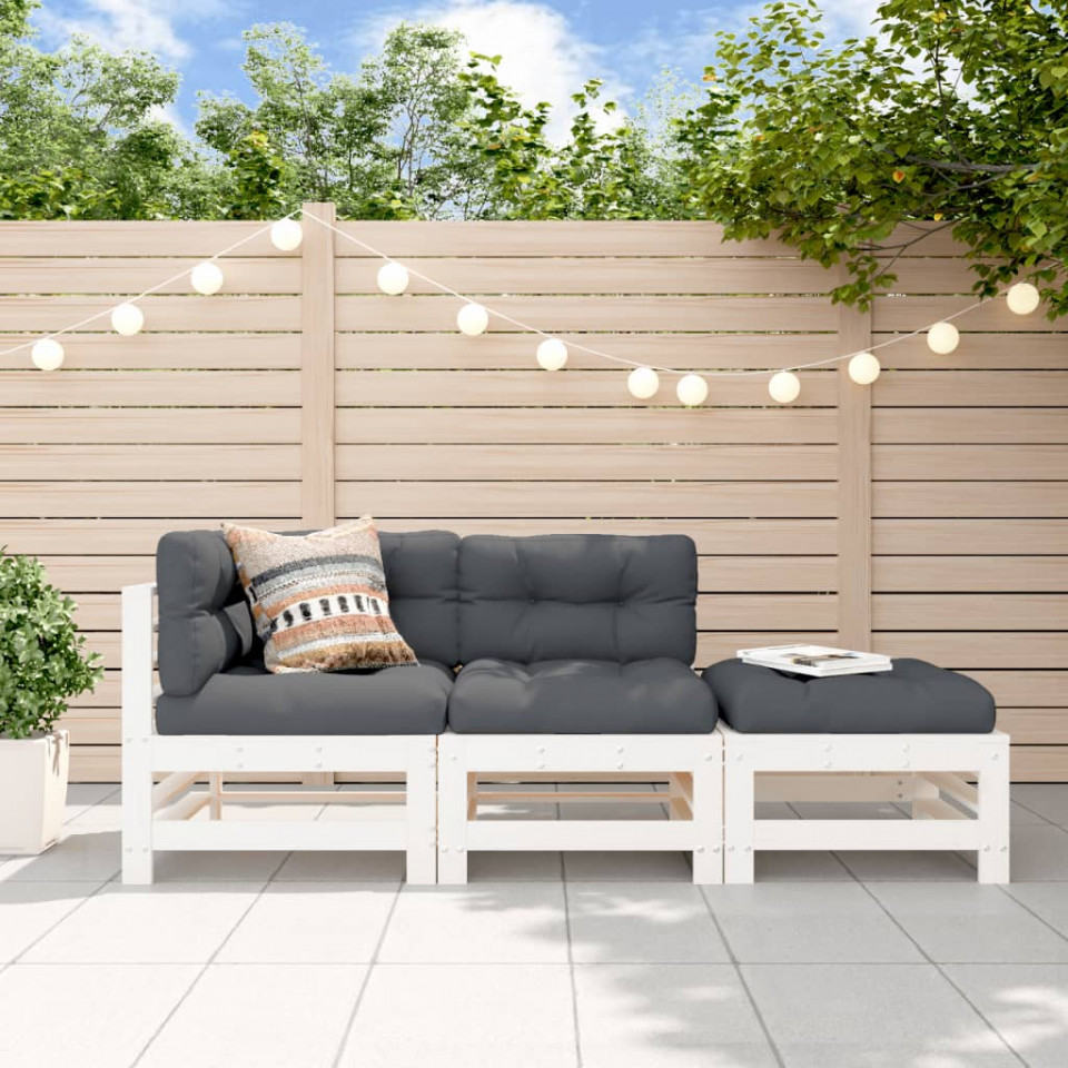 Set mobilier de grădină cu perne, 3 piese, alb, lemn masiv