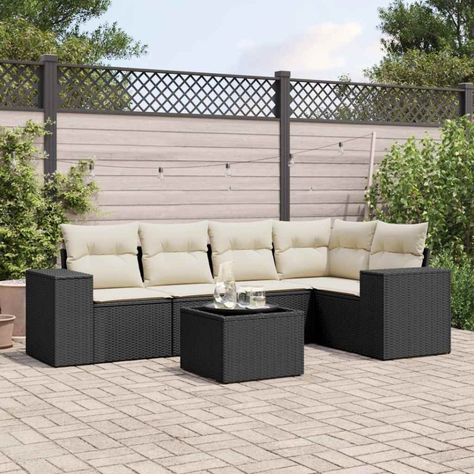 Set mobilier de grădină cu perne, 6 piese, negru, poliratan