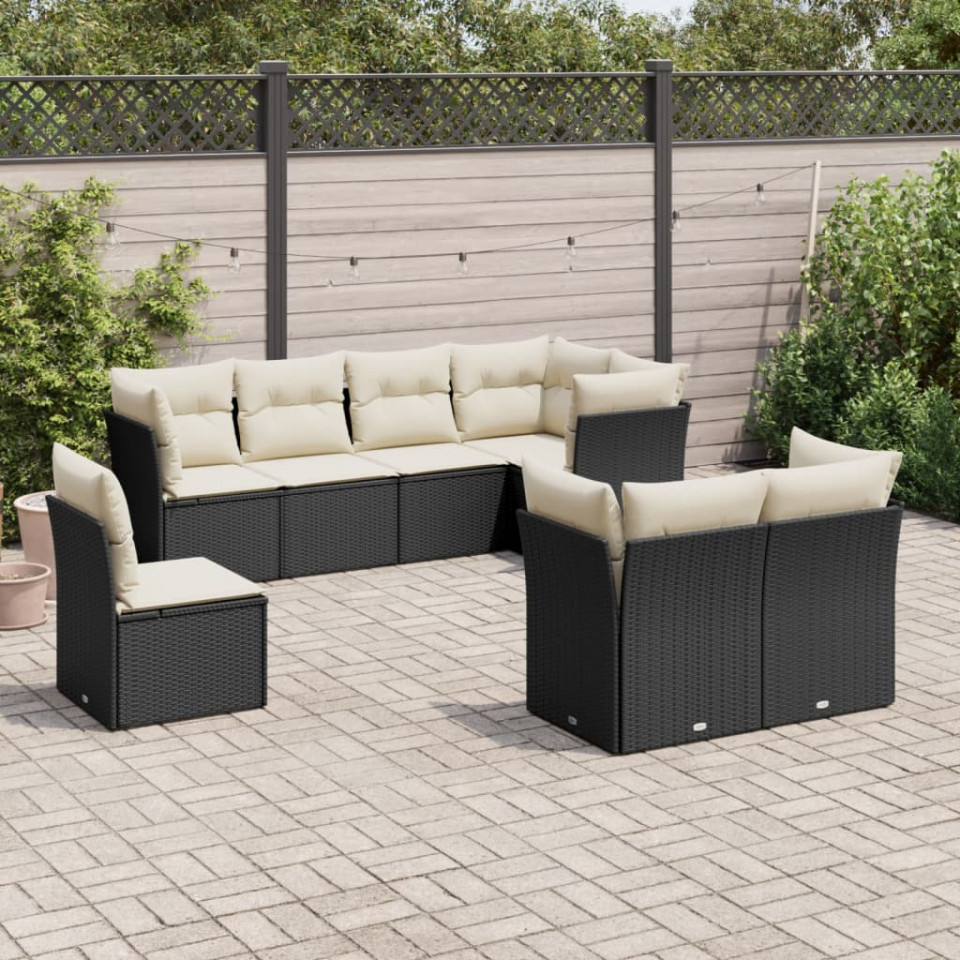 Set mobilier de grădină cu perne, 8 piese, negru, poliratan