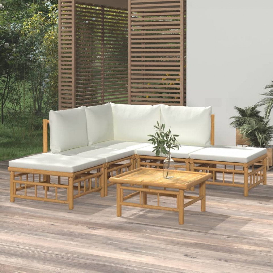 Set mobilier de gradina cu perne alb crem, 6 piese, bambus