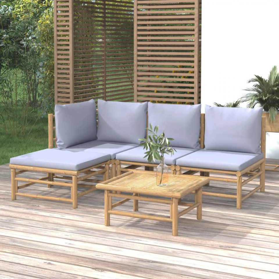 Set mobilier de grădină cu perne gri deschis, 5 piese, bambus