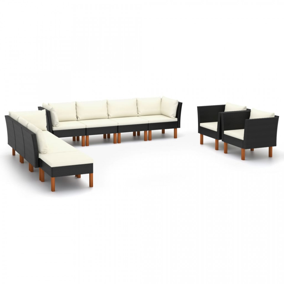Set mobilier grădină 10 piese negru poliratan & lemn eucalipt