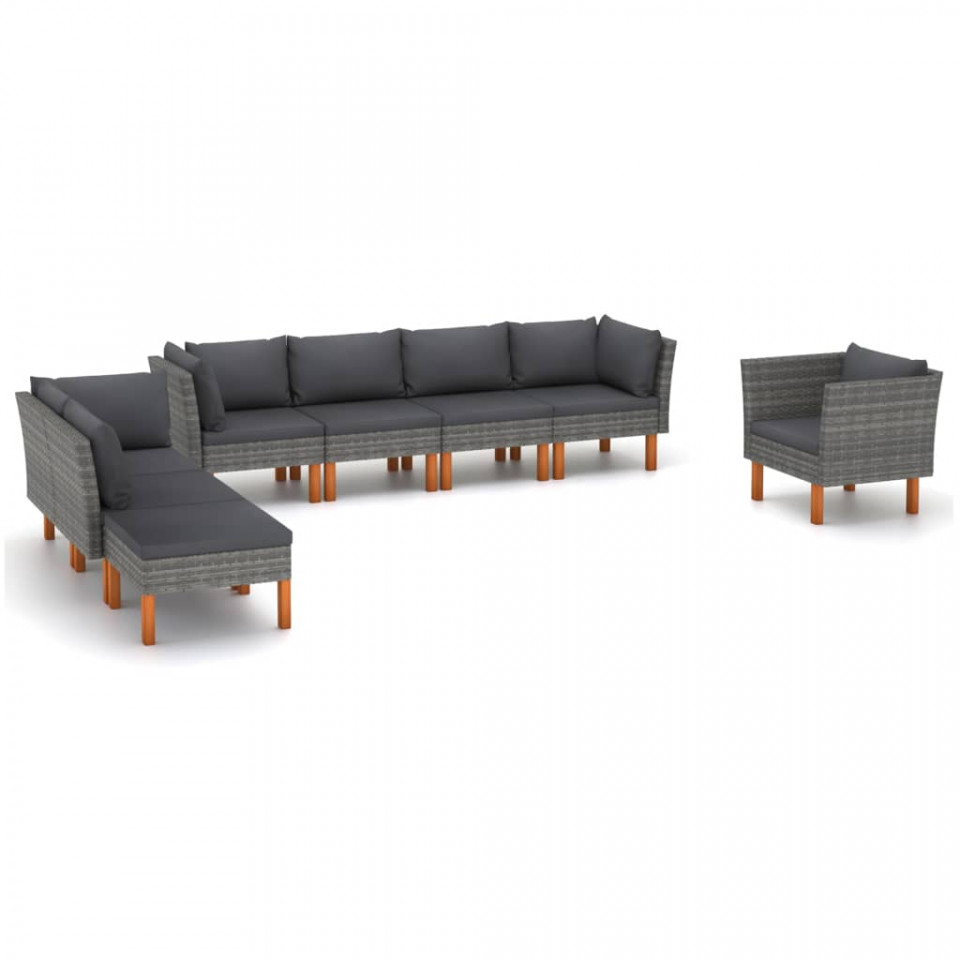 Set mobilier grădină 8 piese gri poliratan/lemn de eucalipt