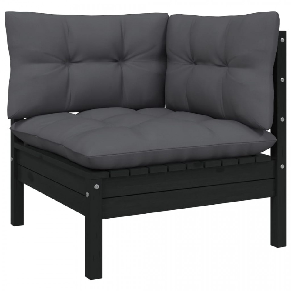 Set mobilier grădină cu perne, 11 piese, negru, lemn de pin